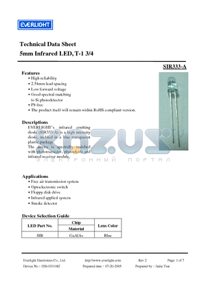 SIR333-A datasheet - 5mm Infrared LED, T-1 3/4
