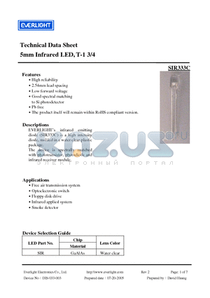 SIR333C datasheet - Technical Data Sheet 5mm Infrared LED, T-1 3/4