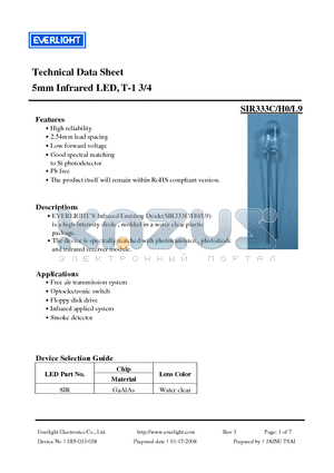 SIR333C-H0 datasheet - 5mm Infrared LED, T-1 3/4