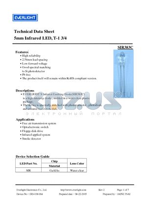 SIR383C datasheet - 5mm Infrared LED, T-1 3/4