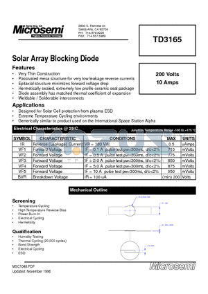 TD3165 datasheet - Solar Array Blocking Diode
