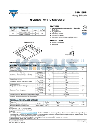 SIR418DP-T1-GE3 datasheet - N-Channel 40-V (D-S) MOSFET