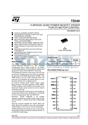 TD340 datasheet - H-BRIDGE QUAD POWER MOSFET DRIVER FOR DC MOTOR CONTROL