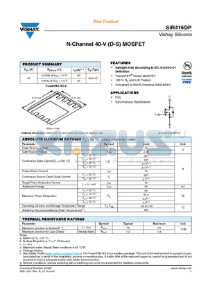 SIR416DP-T1-GE3 datasheet - N-Channel 40-V (D-S) MOSFET