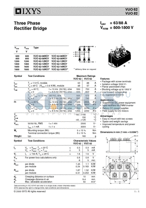 VUO82-08NO7 datasheet - Three Phase Rectifier Bridge