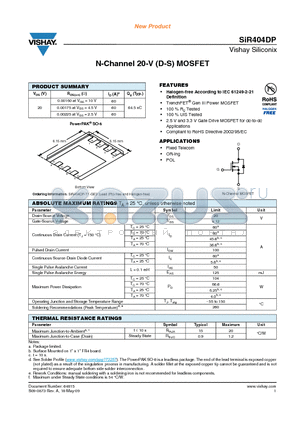 SIR404DP-T1-GE3 datasheet - N-Channel 20-V (D-S) MOSFET