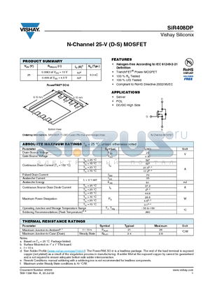 SIR408DP-T1-GE3 datasheet - N-Channel 25-V (D-S) MOSFET