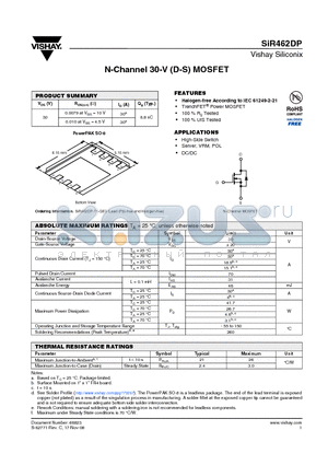 SIR462DP datasheet - N-Channel 30-V (D-S) MOSFET