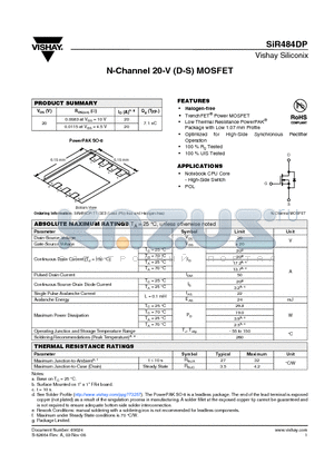 SIR484DP datasheet - N-Channel 20-V (D-S) MOSFET