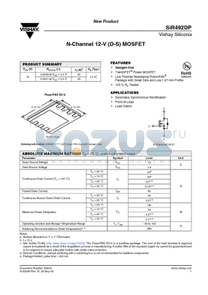 SIR492DP-T1-GE3 datasheet - N-Channel 12-V (D-S) MOSFET