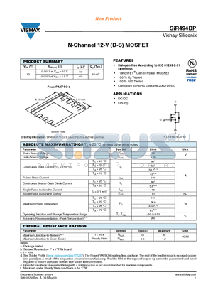 SIR494DP-T1-GE3 datasheet - N-Channel 12-V (D-S) MOSFET