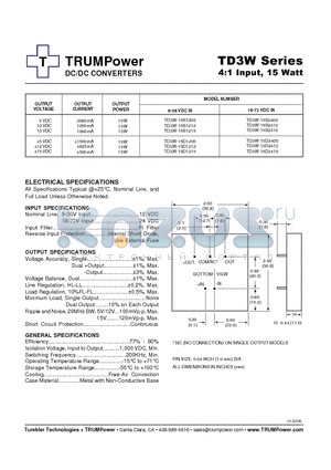 TD3W-15D1205 datasheet - DC/DC CONVERTERS 4:1 Input, 15 Watt