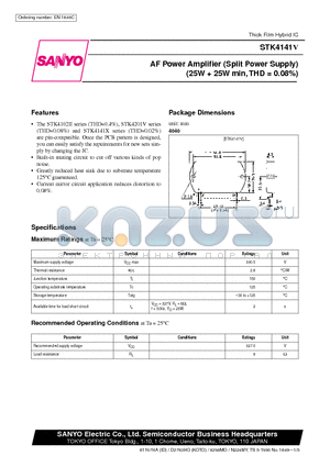 STK4141V datasheet - AF Power Amplifier (Split Power Supply) (25W  25W min, THD = 0.08%)