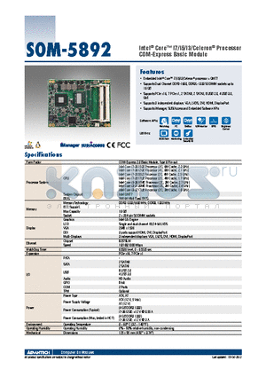 SOM-5892FG-U3A1E datasheet - Intel^ Core i7/i5/i3/Celeron^ Processor COM-Express Basic Module