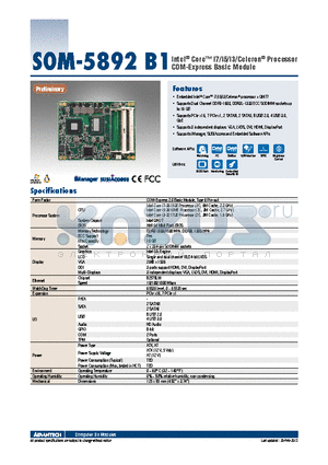 SOM-5892FG-S6B1E datasheet - Intel^ Core i7/i5/i3/Celeron^ Processor COM-Express Basic Module