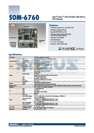 SOM-6760 datasheet - Intel^ Atom SCH US15W COM-Micro CPU Module