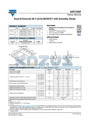 SIR770DP datasheet - Dual N-Channel 30 V (D-S) MOSFET with Schottky Diode