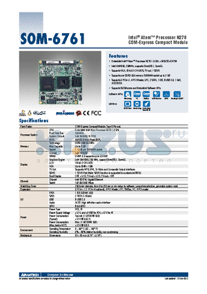 SOM-6761FG-S6A1E datasheet - Intel^ Atom Processor N270 COM-Express Compact Module