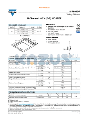 SIR804DP datasheet - N-Channel 100 V (D-S) MOSFET