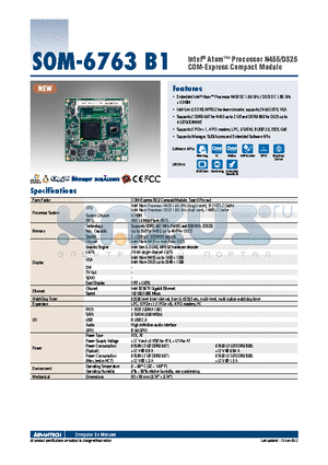 SOM-6763B1 datasheet - Intel^ Atom Processor N455/D525 COM-Express Compact Module