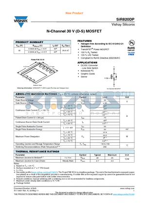 SIR820DP-T1-GE3 datasheet - N-Channel 30 V (D-S) MOSFET