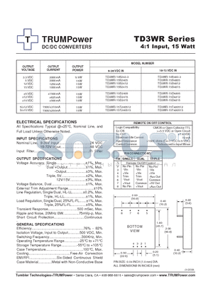 TD3WR-15T240512 datasheet - DC/DC CONVERTERS 4:1 Input, 15 Watt