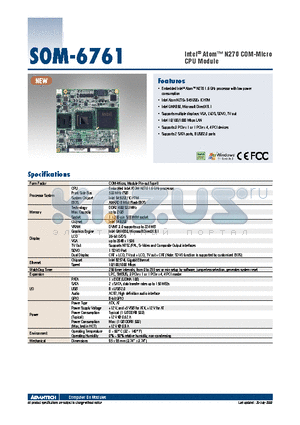 SOM-6761 datasheet - Intel^ Atom N270 COM-Micro CPU Module