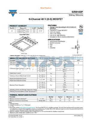 SIR814DP-T1-GE3 datasheet - N-Channel 40 V (D-S) MOSFET