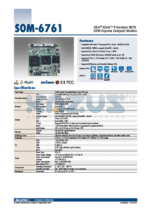 SOM-6761Z2-S6A1E datasheet - Intel^ Atom Processor N270 COM-Express Compact Module