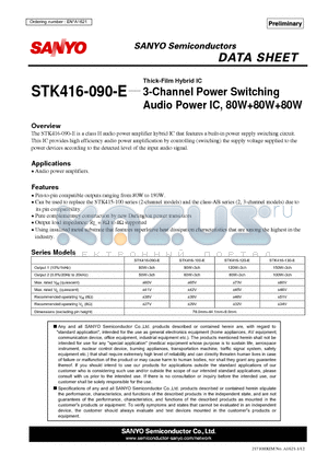 STK416-100-E datasheet - Thick-Film Hybrid IC 3-Channel Power Switching Audio Power IC, 80W80W80W