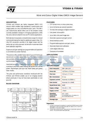 VV5404 datasheet - Mono and Colour Digital Video CMOS Image Sensors