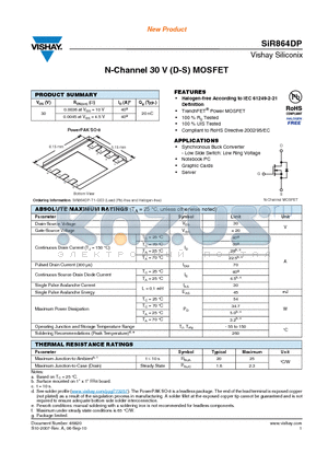 SIR864DP-T1-GE3 datasheet - N-Channel 30 V (D-S) MOSFET