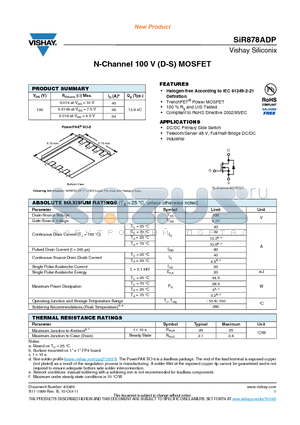 SIR878ADP datasheet - N-Channel 100 V (D-S) MOSFET