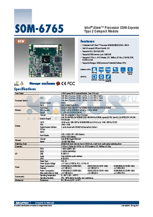 SOM-6765 datasheet - Intel^ Atom Processor COM-Express Type 2 Compact Module