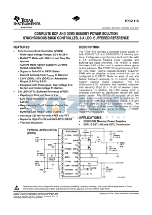 TPS51116 datasheet - COMPLETE DDR AND DDR2 MEMORY POWER SOLUTION SYNCHRONOUS BUCK CONTROLLER, 3-A LDO, BUFFERED REFERENCE