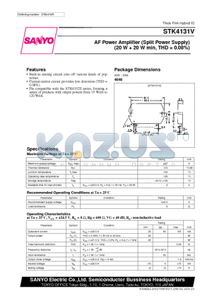 STK4131V datasheet - AF Power Amplifier (Split Power Supply) (20 W  20 W min, THD = 0.08%)