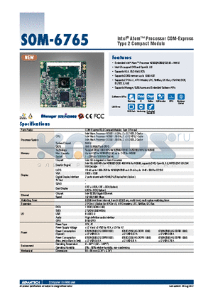 SOM-6765DZ-S8A1E datasheet - Intel^ Atom Processor COM-Express Type 2 Compact Module