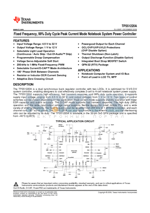 TPS51220ARTVR datasheet - Fixed Frequency, 99% Duty Cycle Peak Current Mode Notebook System Power Controller