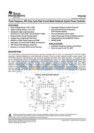TPS51220RHBR datasheet - Fixed Frequency, 99% Duty Cycle Peak Current Mode Notebook System Power Controller