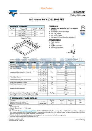 SIR880DP datasheet - N-Channel 80 V (D-S) MOSFET 100 % UIS Tested
