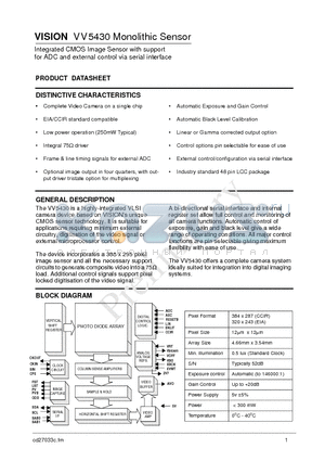 VV5430 datasheet - Integrated CMOS Image Sensor with support for ADC and external control via serial interface