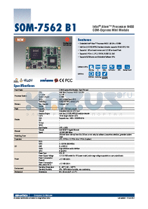 SOM-7562UZ-S6B1E datasheet - Intel^ Atom Processor N455 COM-Express Mini Module