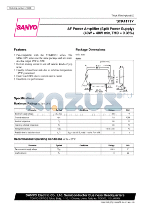 STK4171V datasheet - AF Power Amplifier (Split Power Supply) (40W  40W min, THD = 0.08%)