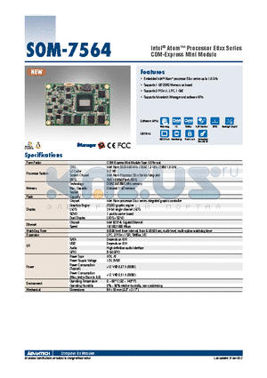 SOM-7564FG-M0A1E datasheet - Intel^ Atom Processor E6xx Series COM-Express Mini Module