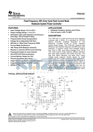 TPS51221RTVR datasheet - Fixed Frequency, 99% Duty Cycle Peak Current Mode Notebook System Power Controller