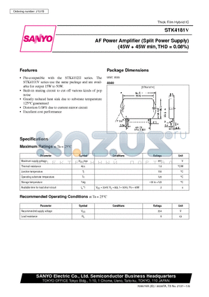 STK4181V datasheet - AF Power Amplifier (Split Power Supply) (45W  45W min, THD = 0.08%)