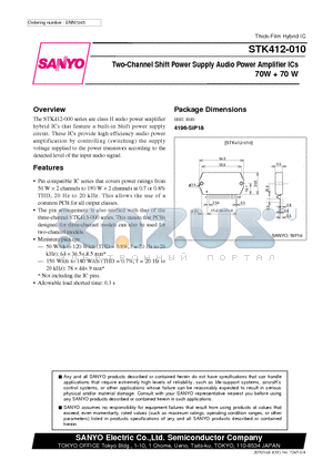 STK412-010 datasheet - Two-Channel Shift Power Supply Audio Power Amplifier ICs(70W  70 W)