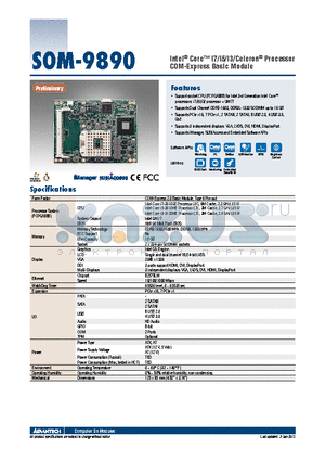 SOM-9890FG-00A1E datasheet - Intel^ Core i7/i5/i3/Celeron^ Processor COM-Express Basic Module