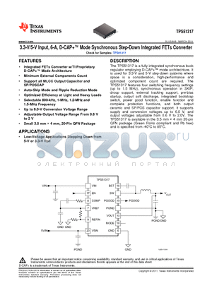 TPS51317 datasheet - 3.3-V/5-V Input, 6-A, D-CAP Mode Synchronous Step-Down Integrated FETs Converter