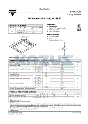 SIS424DN datasheet - N-Channel 20-V (D-S) MOSFET